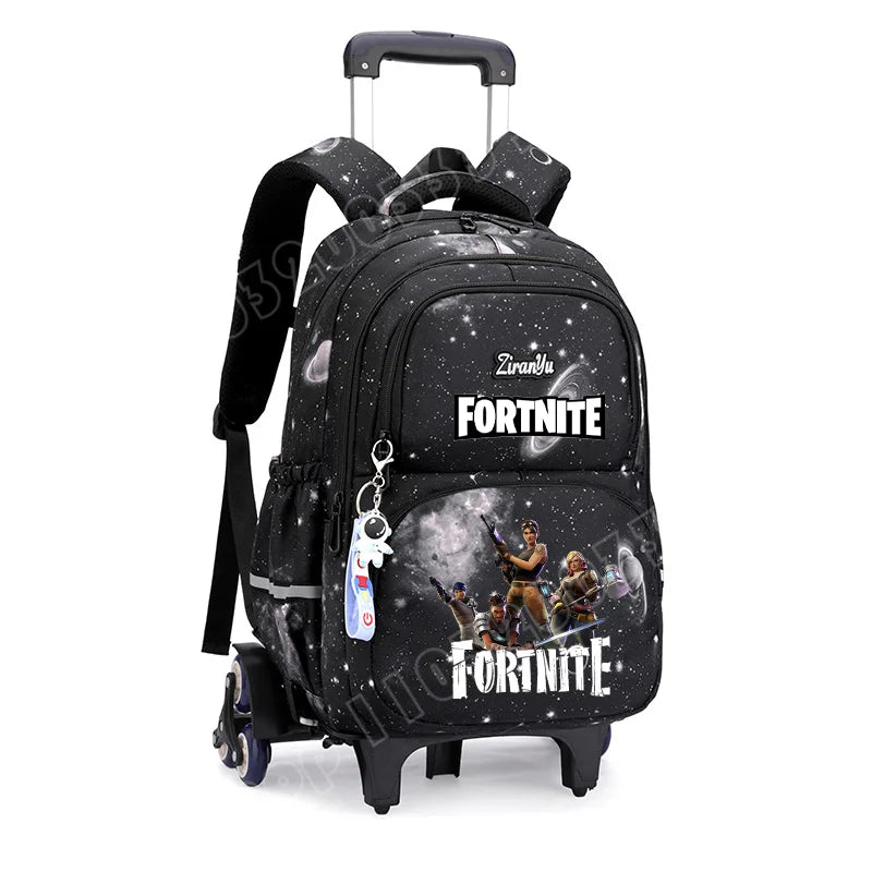 Fortnite-Trolleytasche – leichtes Treppensteigen, Anime-Design, wasserfester Rucksack mit Rollen, großes Fassungsvermögen, Schultasche für Schüler, lässige Reisetasche
