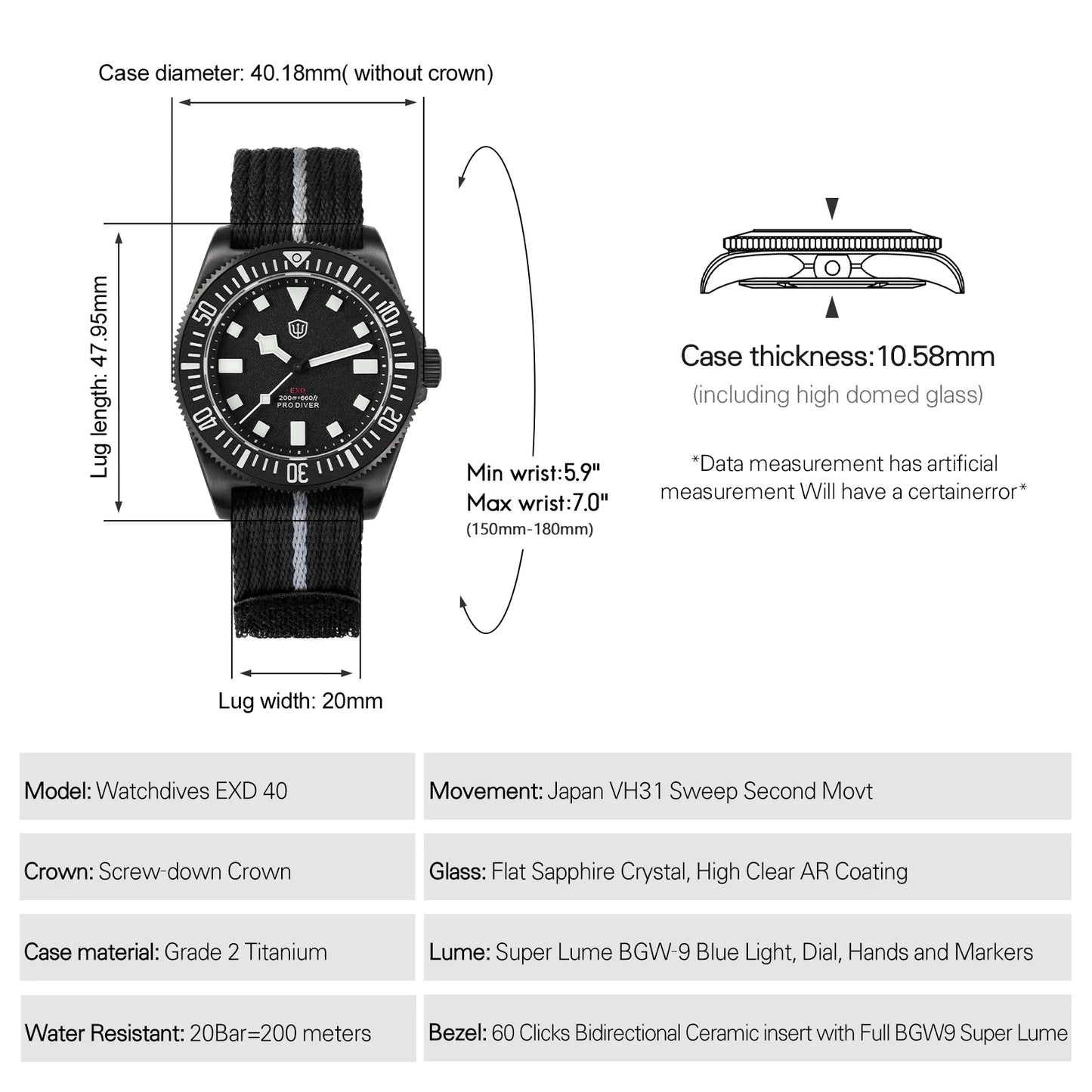 Watchdives EXD 40Mm Titanium Dive Watch Man VH31 Sweep Quartz Watches 200 Waterproof Ar Sapphire BGW9 Luminous 316L Wristwatch