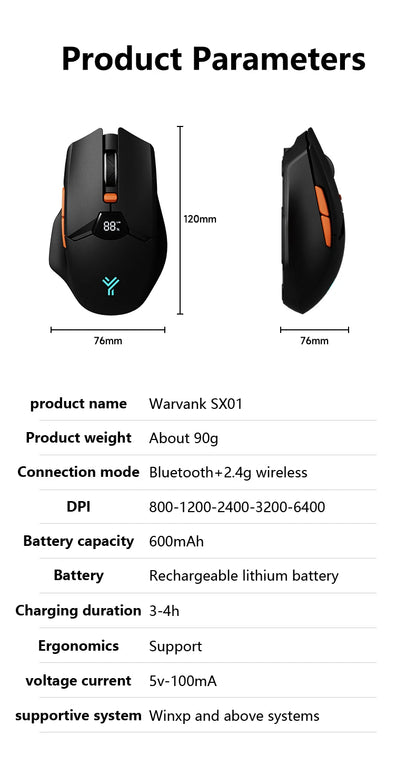 Warvank SX01 kabellose Gaming-Maus mit Smart-Screen-Display, 6-stufiger DPI-Einstellung, 600mAh Akku, leise Bluetooth-Maus fürs Büro
