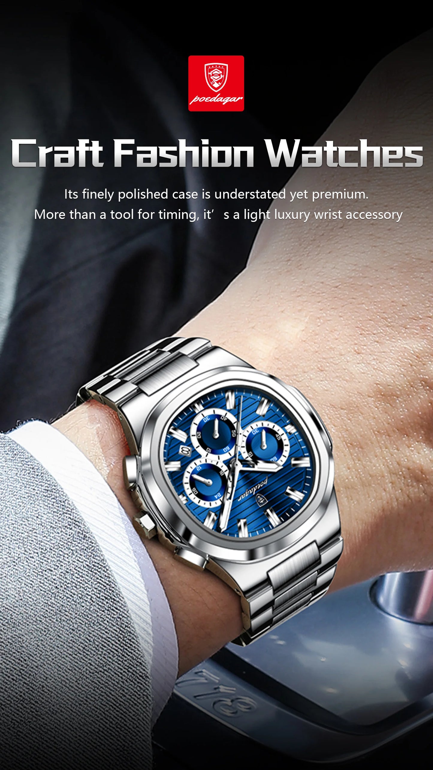 POEDAGAR Top Luxury Man Watch Waterproof Stainless Steel Luminous Men Clock Date Chronograph Quartz Business Men's Watches Reloj