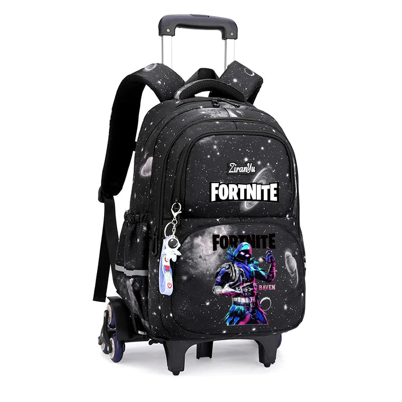 Fortnite-Trolleytasche – leichtes Treppensteigen, Anime-Design, wasserfester Rucksack mit Rollen, großes Fassungsvermögen, Schultasche für Schüler, lässige Reisetasche
