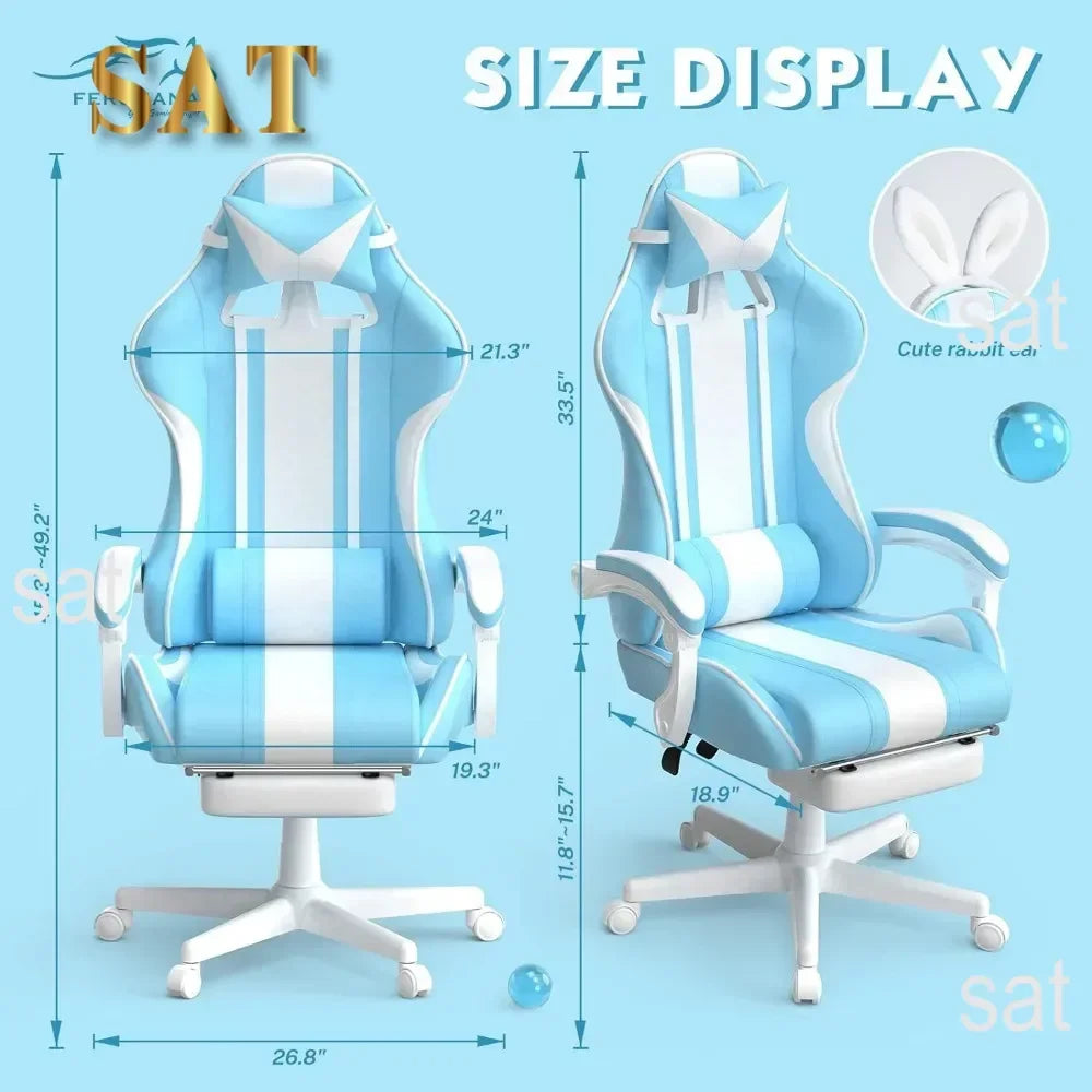#For Kawaii Light Blue Gaming Chair with Bunny Ears, Ergonomic Cute Gamer Chair with Footrest and Massage, Racing Reclining&