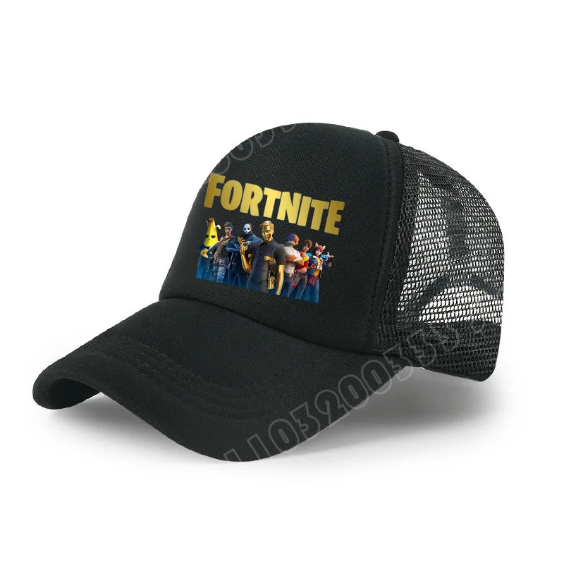 Детска бейзболна шапка Fortnite с принт в анимационен игрови стил, лятна дишаща мрежеста шапка с регулируема козирка, подарък за детски рожден ден