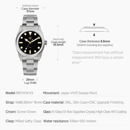 Watchdives WD1016 V3 37mm Uhr mit VH31 Sweep-Uhrwerk, Edelstahlgehäuse, luxuriösem Saphirglas, 100m wasserdicht, Herrenuhr mit Box, ideales Geschenk