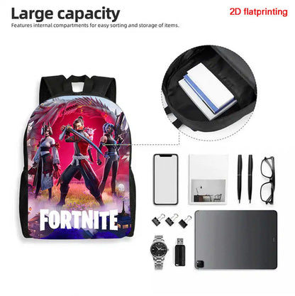 Fortnite Cartoon 3-teiliges Set, großes Fassungsvermögen, geeignet für Jungen und Mädchen von 5-8 Jahren, inklusive Rucksack, Lunchbag und Federmäppchen