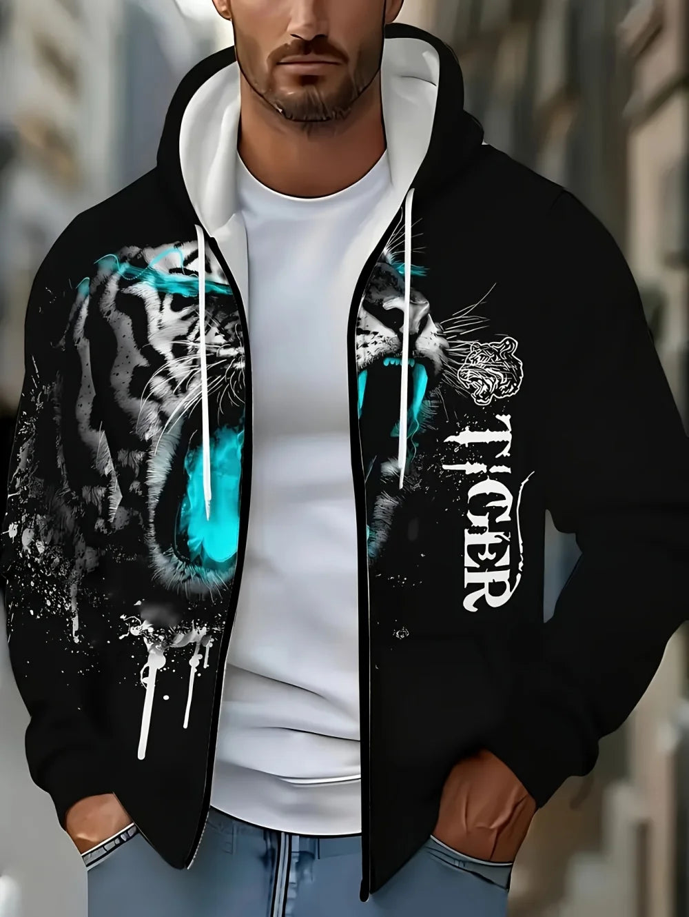 2025 Men's Long Sleeve Zip-up Tiger Graphic Hoodie Casual Outdoor Fashion Coat with Drawstring and Pockets Zip-up Hoodie for Men