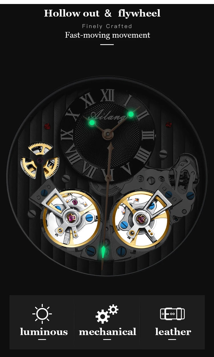 AILANG Top Brand Luxury Watch Men Automatic Luminous Black Clock Men Double Tourbillon Waterproof Mechanical Watch Relogio