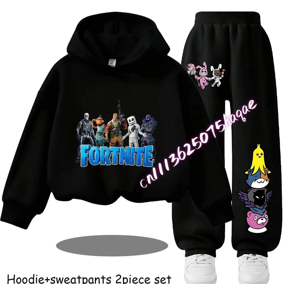 Fortnite-bedruckte Kinder-Hoodies, Cartoon-Design, bequemes 2-teiliges Set, locker sitzende Langarm-Oberteile mit Hose, Herbst-/Winterkleidung, Geschenk
