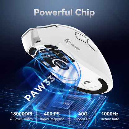 ATTACK SHARK R1 trijų režimų žaidimų pelė, PixArt PAW3311 jutiklis, 18000 DPI, 1000hz, 59g itin lengva didelėms rankoms, PC/Mac