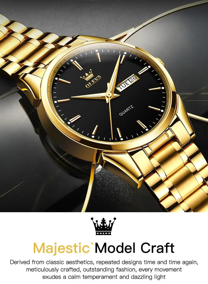 OLEVS Classic Gold Wrist Watches For Top Brand Luxury Business Date Waterproof Luminous Stainless Steel Men Quartz Wristwatch
