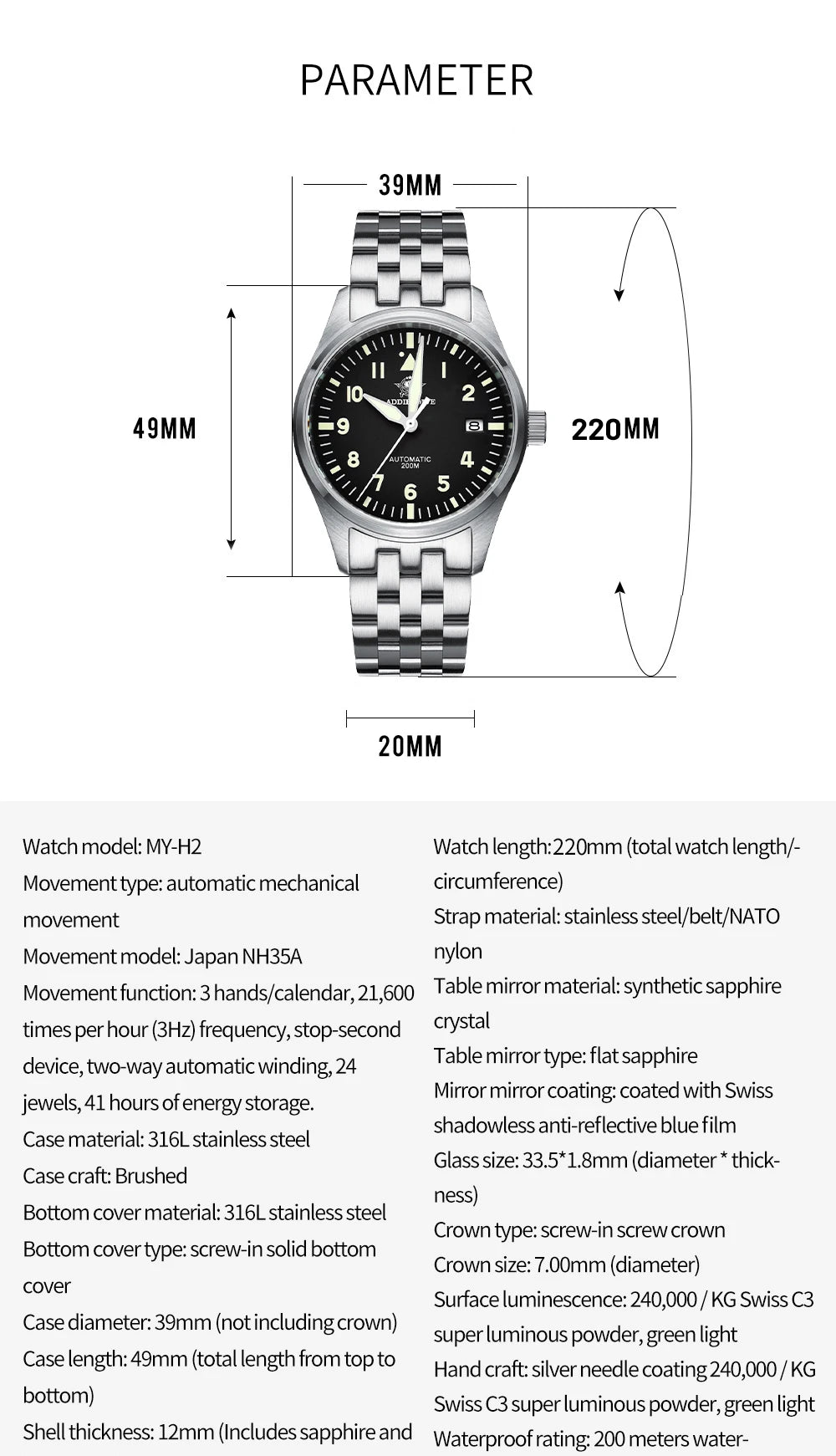 ADDIESDIVE Watch For Men MY-H2 Stainless Steel Classics Mechanical Watches NH35 200m Diving Luminous Analog Watch Reloj Hombre