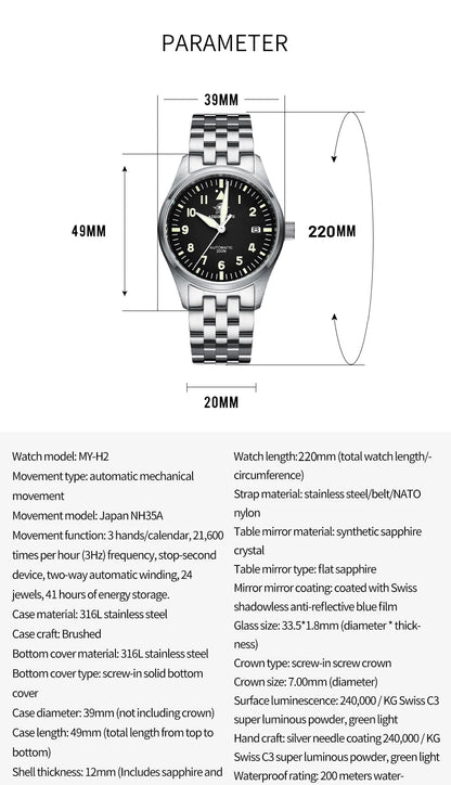 ADDIESDIVE Watch For Men MY-H2 Stainless Steel Classics Mechanical Watches NH35 200m Diving Luminous Analog Watch Reloj Hombre