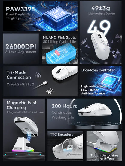 ATTACK SHARK X6 Tri-mode Gaming Mouse with Magnetic Charging Dock, PixArt PAW3395 Sensor, 26K DPI, 49g Ultralight, for PC/Mac