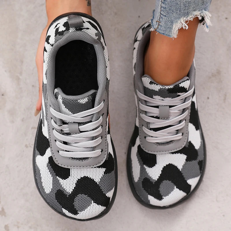 Camouflage-Damenschuhe mit breiter Zehenbox, atmungsaktivem Mesh und bequemer flacher Sohle – neue Barfußschuhe mit weicher Sohle, Damen-Sneaker