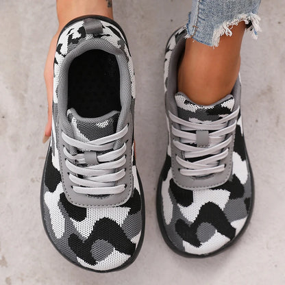 Camouflage-Damenschuhe mit breiter Zehenbox, atmungsaktivem Mesh und bequemer flacher Sohle – neue Barfußschuhe mit weicher Sohle, Damen-Sneaker