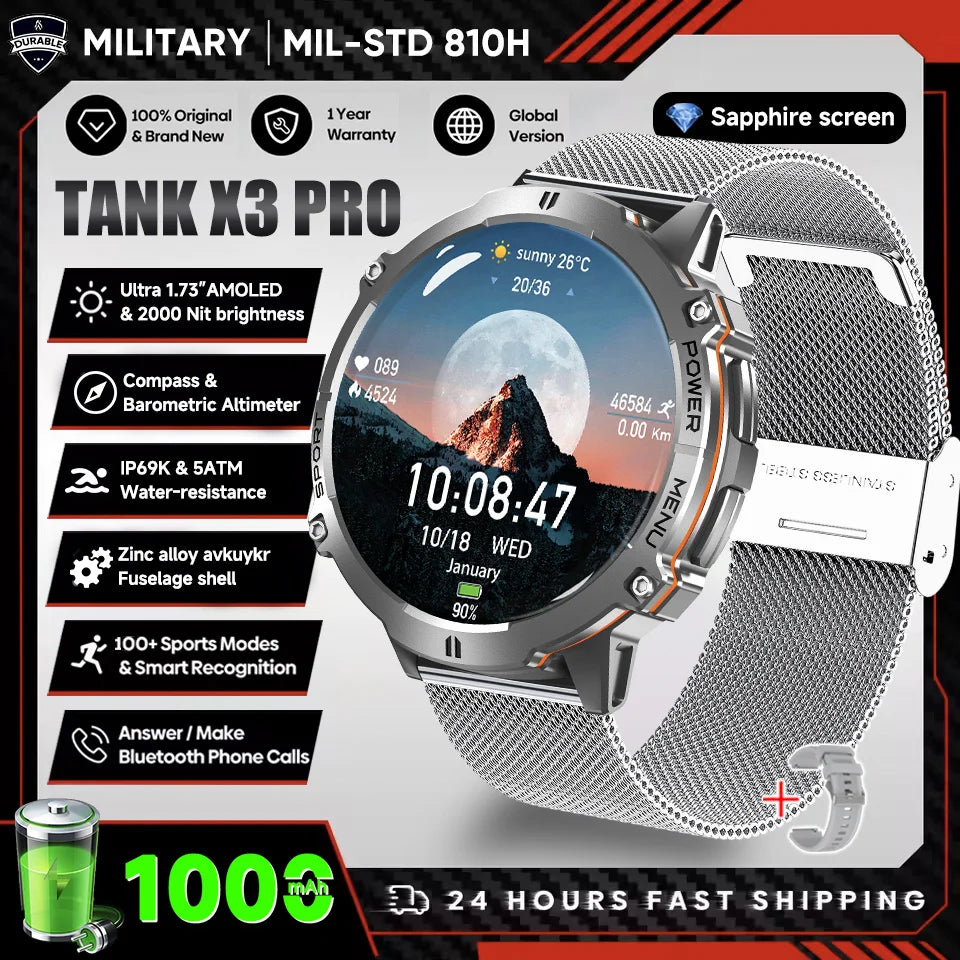 2026 New Military TANK X3 Smartwatch für Herren, 1000mAh Akku, 10ATM wasserdicht zum Schwimmen, GPS-Route, 1.75" AMOLED HD, Anrufe, Sport-Smartwatch