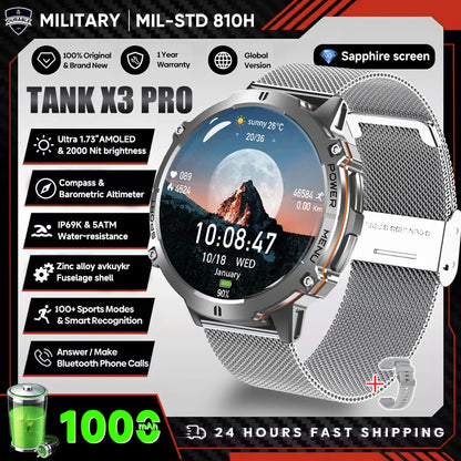 2026 New Military TANK X3 Smartwatch für Herren, 1000mAh Akku, 10ATM wasserdicht zum Schwimmen, GPS-Route, 1.75" AMOLED HD, Anrufe, Sport-Smartwatch