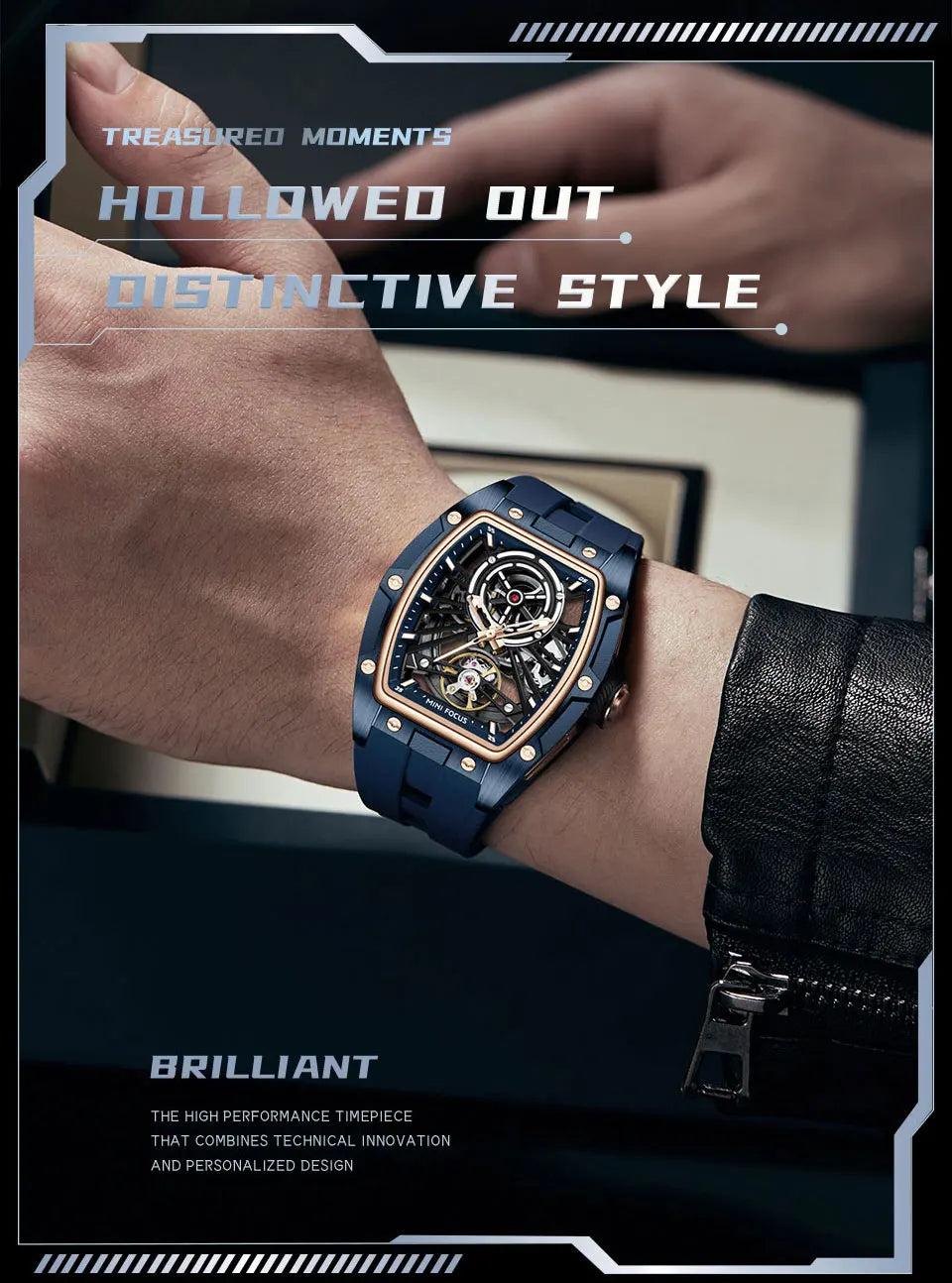 MINI FOCUS Herren-Armbanduhr, modisch, schwarz, wasserdicht, automatische mechanische Uhr mit Leuchtzeigern, Silikonarmband und Tonneau-Zifferblatt