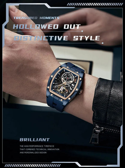 MINI FOCUS Herren-Armbanduhr, modisch, schwarz, wasserdicht, automatische mechanische Uhr mit Leuchtzeigern, Silikonarmband und Tonneau-Zifferblatt