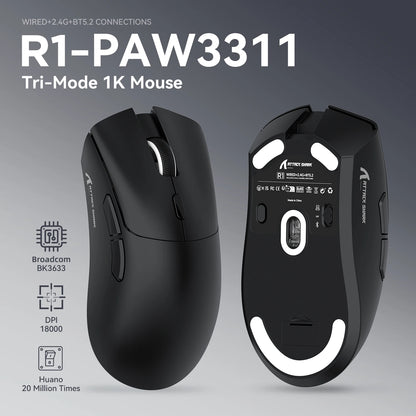 ATTACK SHARK R1 trijų režimų žaidimų pelė, PixArt PAW3311 jutiklis, 18000 DPI, 1000hz, 59g itin lengva didelėms rankoms, PC/Mac