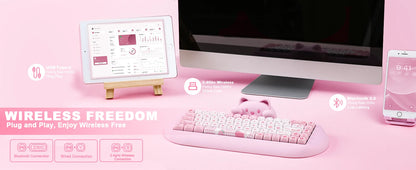 YUNZII C68 Pink 65% Hi-Fi Cute Cat Silicone Hot Swap NKRO Ergonomic Wireless BT5.0/2.4G/Wired RGB Mechanical Gaming Keyboard
