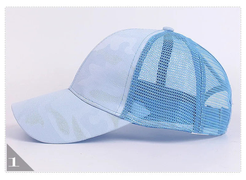 1pc Outdoor Camo Mesh Baseball Cap for Women Adjustable Ponytail Snapback Lightweight Sun Hat for Female Runners Hikers