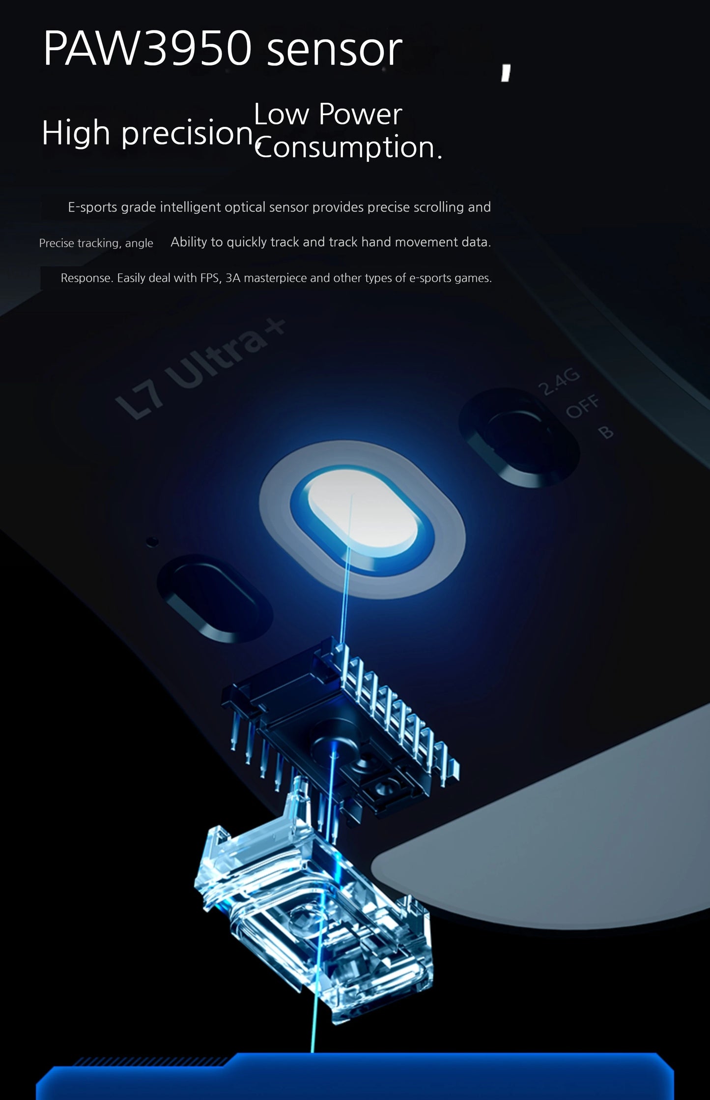 MCHOSE L7 Ultra+ vidutinė–didelė delninė žaidimų pelė, e. sportui, Paw3950, belaidė, trijų režimų, lengva, biuro, dvigubos pavaros kompiuterio pelė