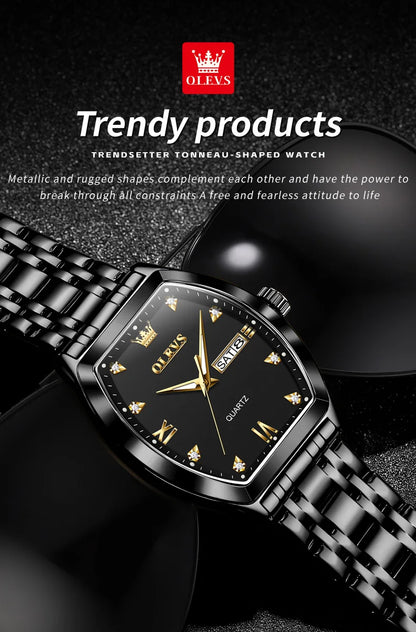 OLEVS Men's Watches Luxury Tonneau Original Top Brand Quartz Watch for Men Waterproof Luminous Week Date Male Wristwatch