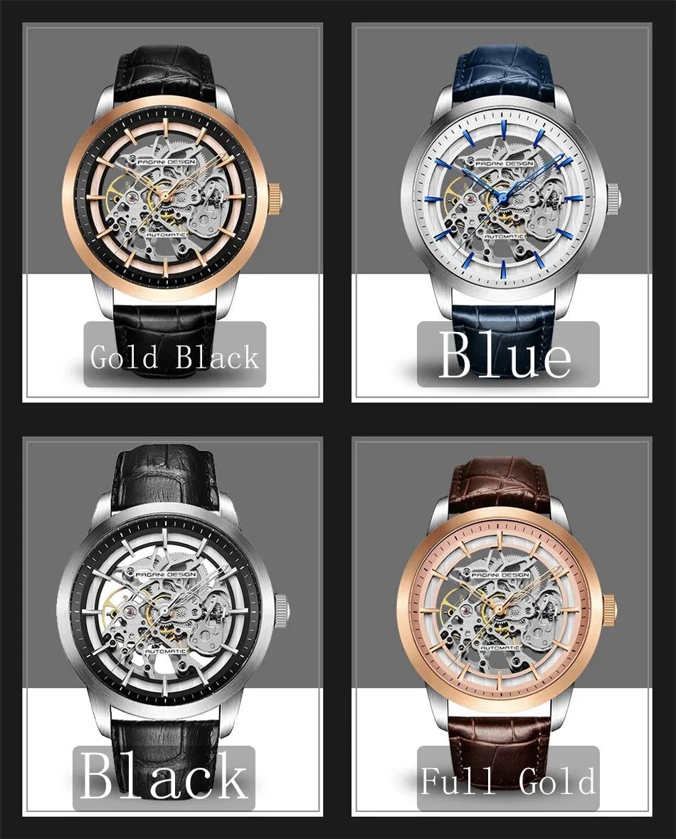 PAGANI DESIGN Business Man Watch Luxury Skeleton Hollow Leather Men's Wristwatch New Mechanical Male Clock