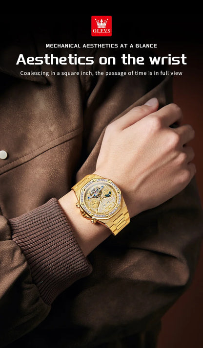 OLEVS Gold Steel Mens Watches Top Brand Automatic Mechanical Luxury Watch Sport Waterproof Tourbillon Wrist Watch Reloj Hombre