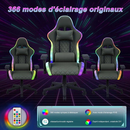 Rosahqnda LED gaming chair with ergonomically adjustable backrest, PU leather office chair, lumbar support cushion & pillow