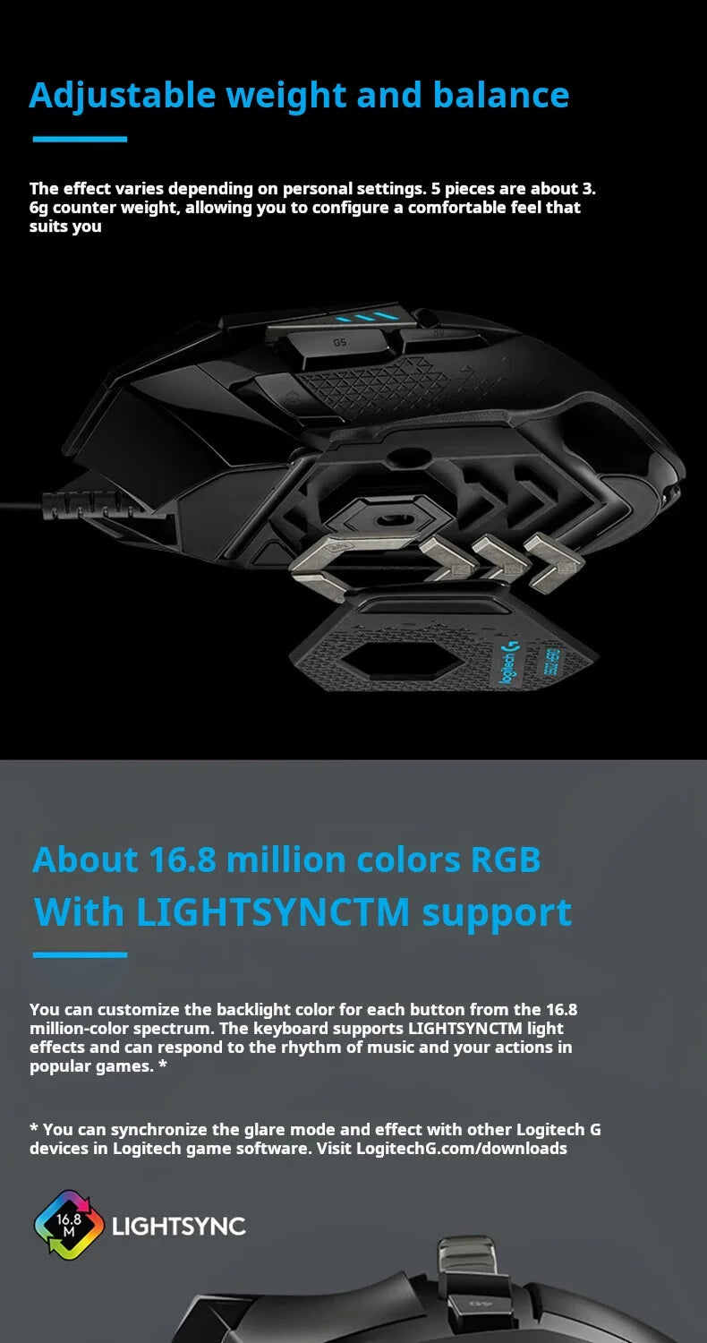 Mouse da gaming con cavo Logitech G502 HERO E-Sports, mouse meccanico RGB con bilanciamento regolabile, macro programmabili per Battle Royale