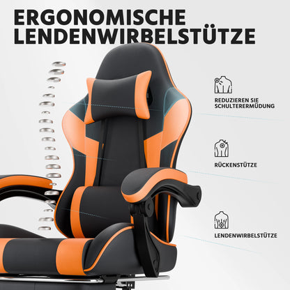 Ergonomic PU leather gaming chair with lumbar support, adjustable height and backrest, 200KG load capacity, black orange