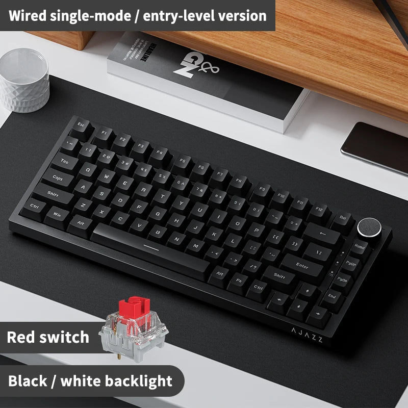 Teclado Mecânico com Fio AJAZZ AK820 75%: Hot-Swappable, Retroiluminação RGB/Branca/Azul-Gelo, Controlo por Botão de Volume | Para Escritório e Gaming