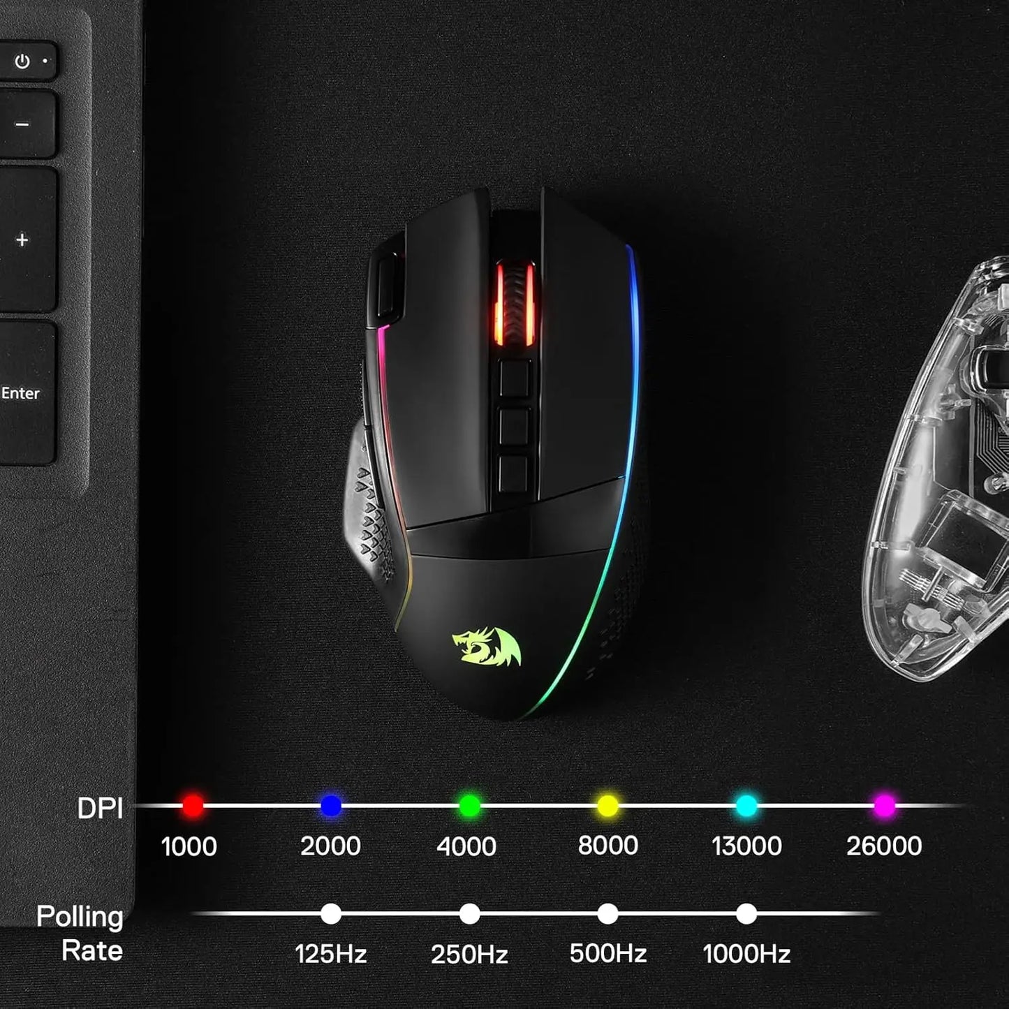 Redragon M991 kabellose Gaming-Maus, 26000 DPI, 3 Modi, 9 Makro-Tasten, RGB-Hintergrundbeleuchtung, Schwarz