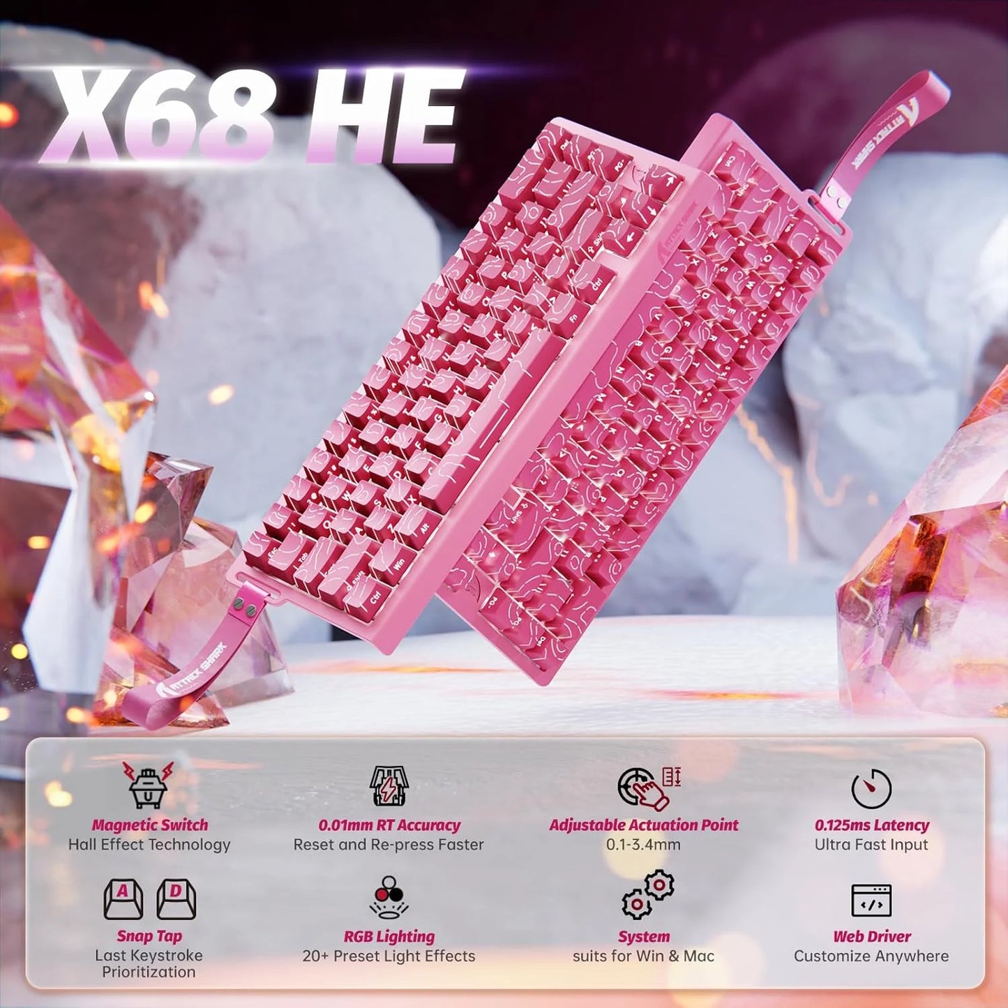 ATTACK SHARK X68 HE Rapid Trigger 8KHz Magnetic Keyboard, 0.01mm RT Accuracy, 60% Layout, RGB, Support RT/Snap Tap/DKS/MT/TGL