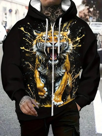 2025 Men's Long Sleeve Zip-up Tiger Graphic Hoodie Casual Outdoor Fashion Coat with Drawstring and Pockets Zip-up Hoodie for Men