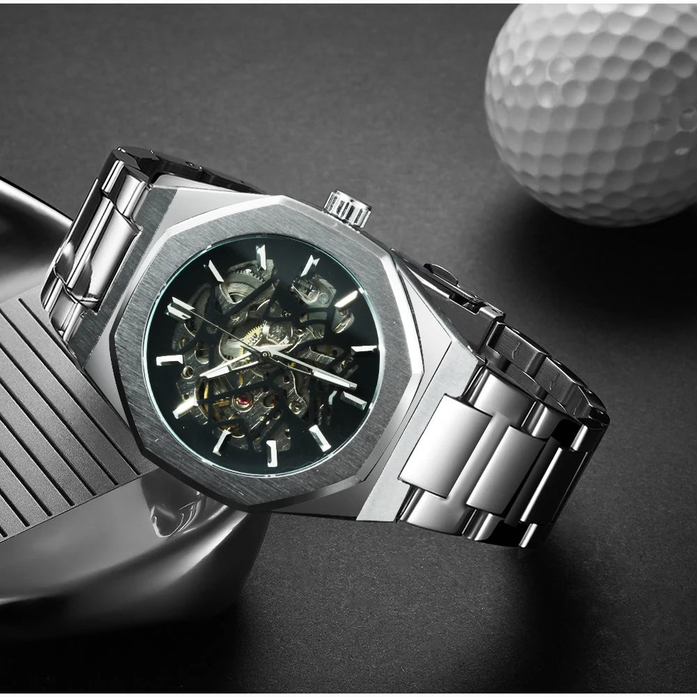 WINNER Black Gold Skeleton Mechanical Watches for Men Fashion irregular Automatic Watch Luxury Brand Stainless Steel Strap 2023