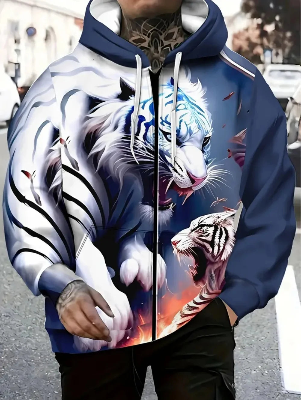 2025 Men's Long Sleeve Zip-up Tiger Graphic Hoodie Casual Outdoor Fashion Coat with Drawstring and Pockets Zip-up Hoodie for Men