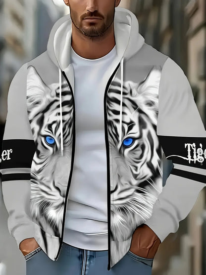 2025 Men's Long Sleeve Zip-up Tiger Graphic Hoodie Casual Outdoor Fashion Coat with Drawstring and Pockets Zip-up Hoodie for Men