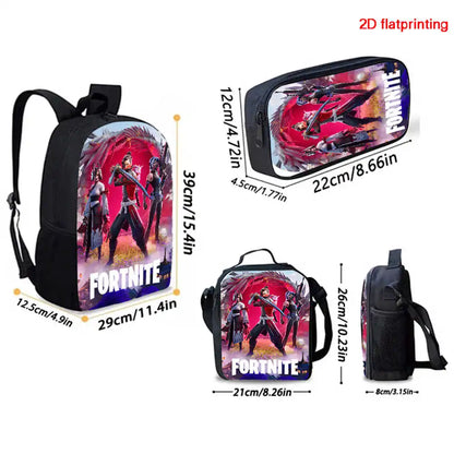 Fortnite Cartoon 3-teiliges Set, großes Fassungsvermögen, geeignet für Jungen und Mädchen von 5-8 Jahren, inklusive Rucksack, Lunchbag und Federmäppchen