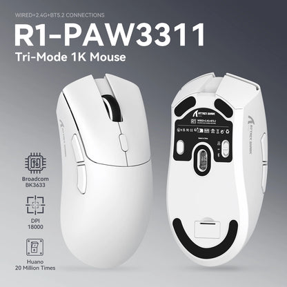 ATTACK SHARK R1 trijų režimų žaidimų pelė, PixArt PAW3311 jutiklis, 18000 DPI, 1000hz, 59g itin lengva didelėms rankoms, PC/Mac