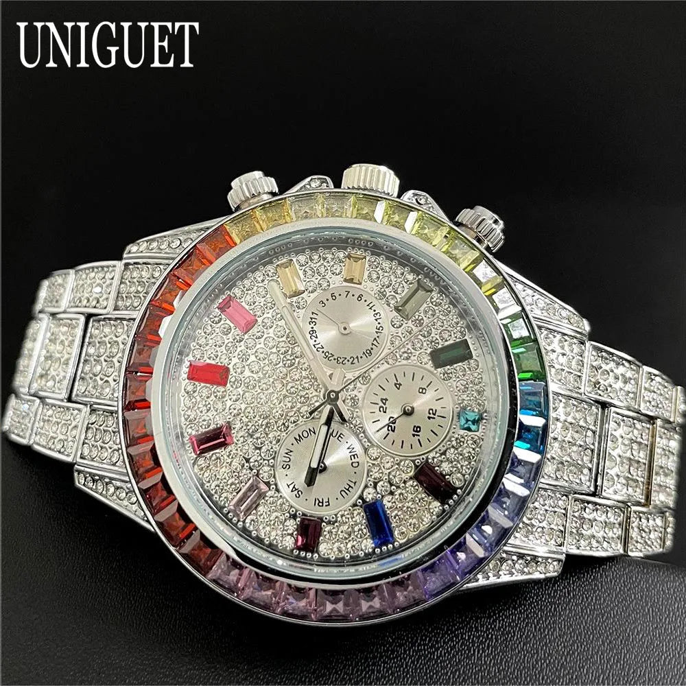 Hot Fashion Green Watches Men Brand UNIGUET Luxury Stainless Steel Hip Hop Rainbow Diamond Quartz Wristwatch Male Dropshipping ﻿