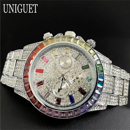 Hot Fashion Green Watches Men Brand UNIGUET Luxury Stainless Steel Hip Hop Rainbow Diamond Quartz Wristwatch Male Dropshipping ﻿