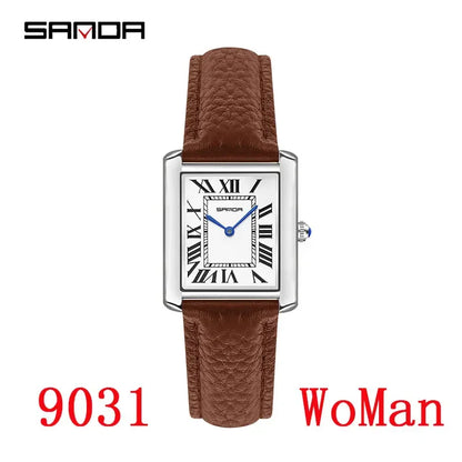 SANDA New Couple Tank Watches Wear Resistant Leather Strap Luxury Square Dial Waterproof Sports Casual Men Women Quartz Watches