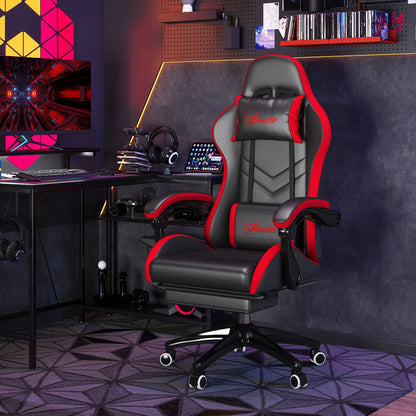 Vinsetto Ergonomic Reclining Gaming Chair 135 ° , Pu Leather Racing Gamer Chair with Lumbar Support, Adjustable Height, Headrest and Retractable Footrest, for Office, Study, Black and Red