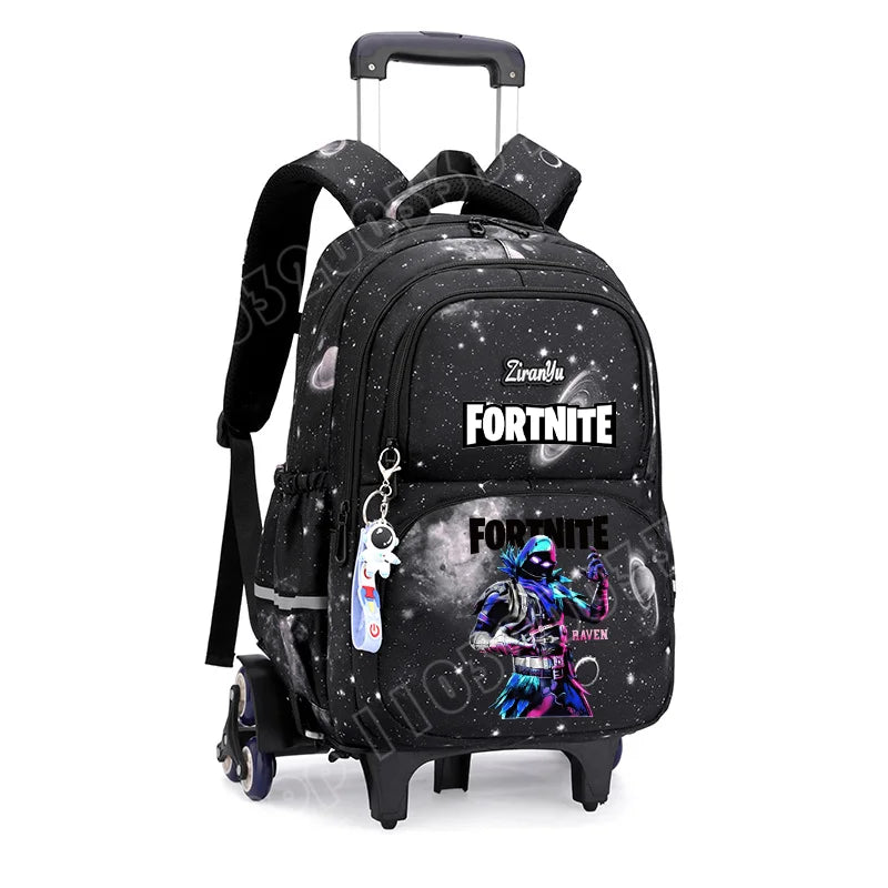 Fortnite-Trolleytasche – leichtes Treppensteigen, Anime-Design, wasserfester Rucksack mit Rollen, großes Fassungsvermögen, Schultasche für Schüler, lässige Reisetasche