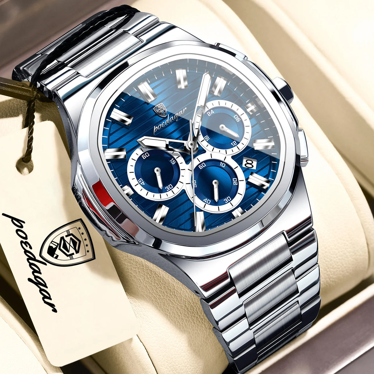 POEDAGAR Top Luxury Man Watch Waterproof Stainless Steel Luminous Men Clock Date Chronograph Quartz Business Men's Watches Reloj