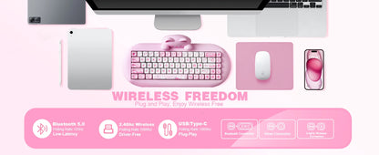 YUNZII C68 Pink 65% Hi-Fi Cute Cat Silicone Hot Swap NKRO Ergonomic Wireless BT5.0/2.4G/Wired RGB Mechanical Gaming Keyboard