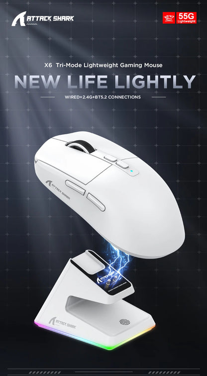 Attack Shark X6 Lightweight Wireless Gaming Mouse with 3 Mode Up to 26K DPI RGB Backlight Charging Base for Laptop Desktop